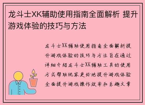 龙斗士XK辅助使用指南全面解析 提升游戏体验的技巧与方法